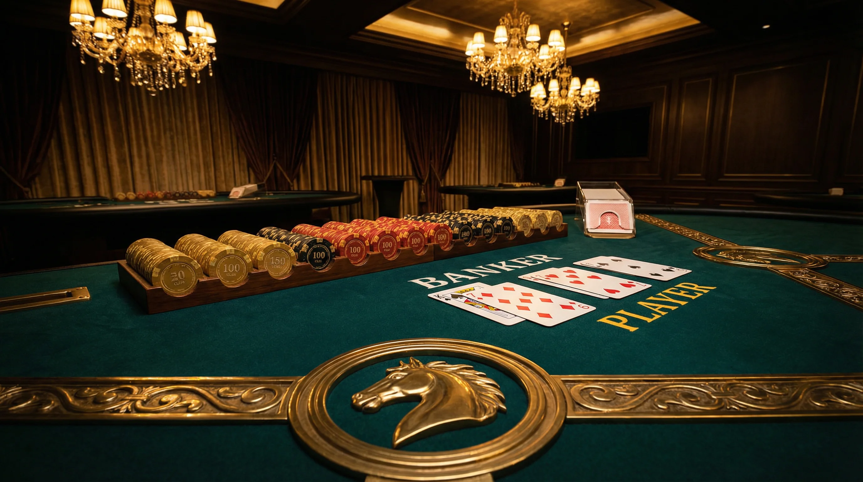 Mesa de bacará sofisticada com cartas distribuídas no leaobet