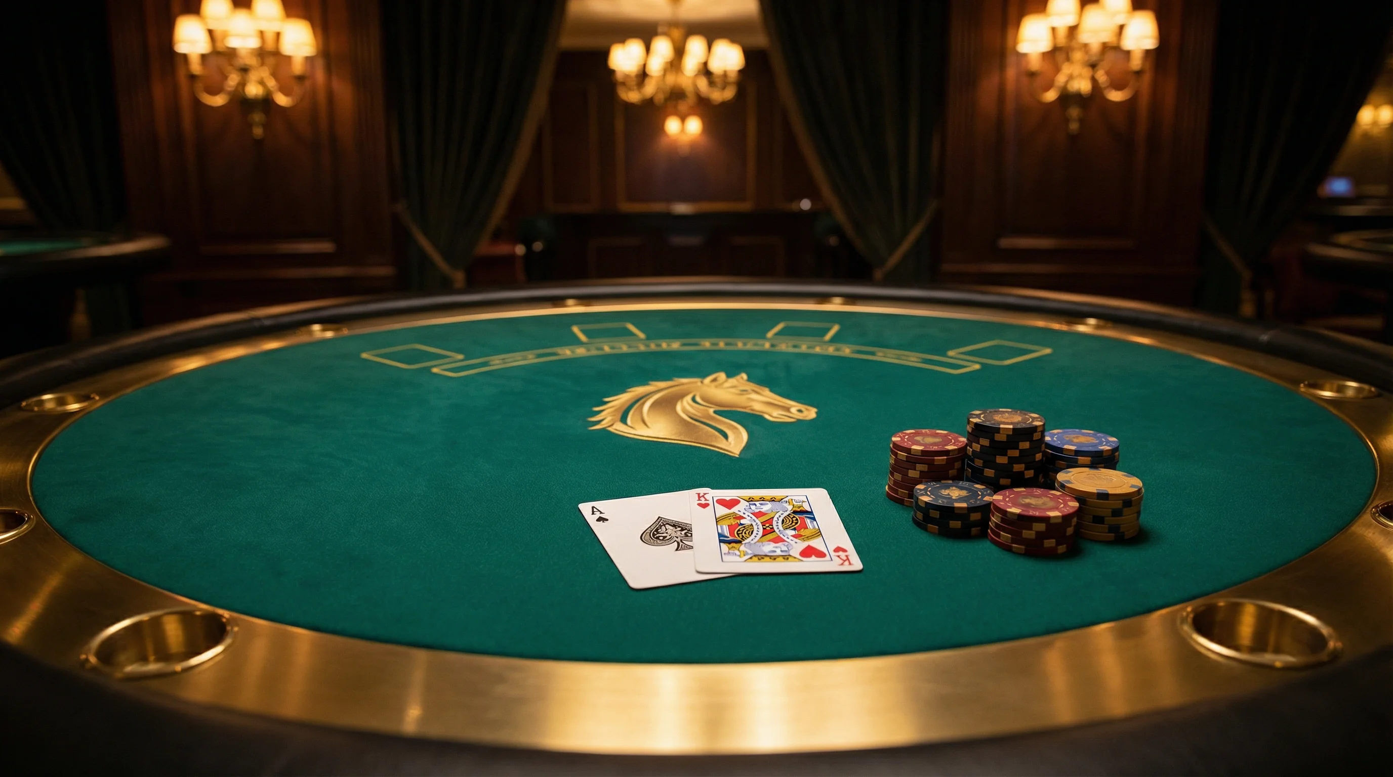 Mesa de blackjack elegante com cartas e fichas no leaobet